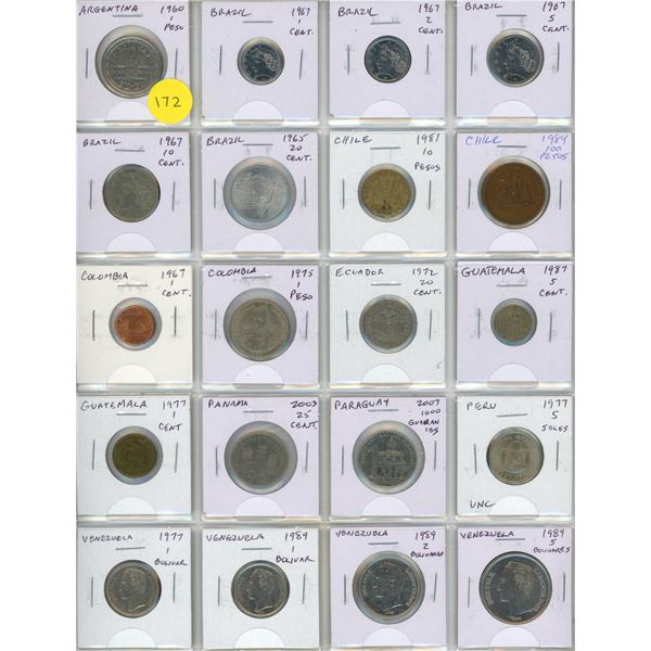 Set of 20 coins from Latin America. Coins from Argentina to Venezuela.