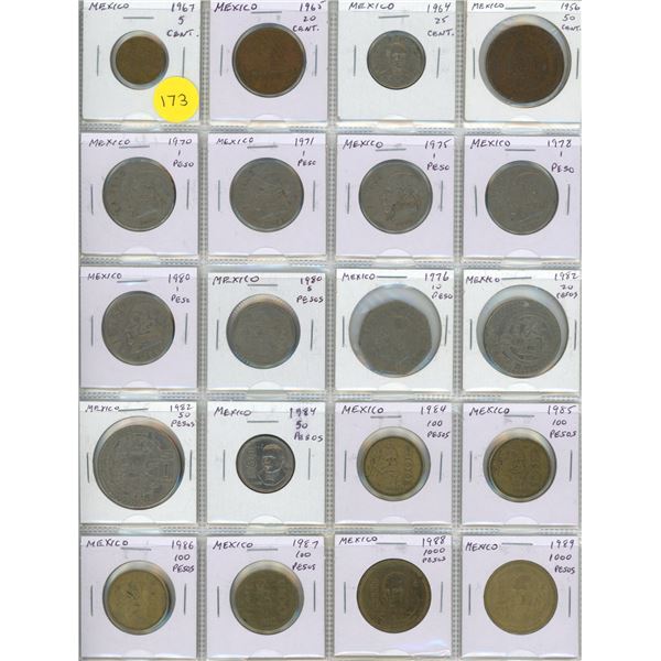 Set of 20 old Mexican coins up to 1000 Pesos.