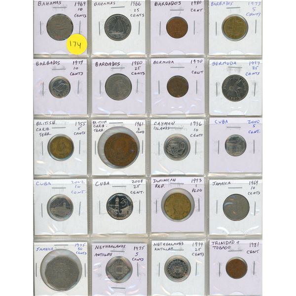 Set of 20 coins from the Caribbean. Coins from Bahamas to Trinidad and Tobago.