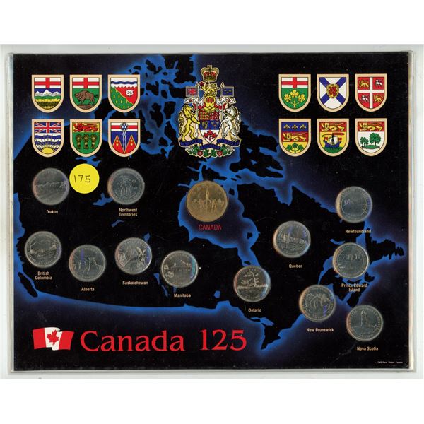 1992 Canada 125 Set. 12 different 25 Cents, one from each province and territory, plus a Loonie Doll