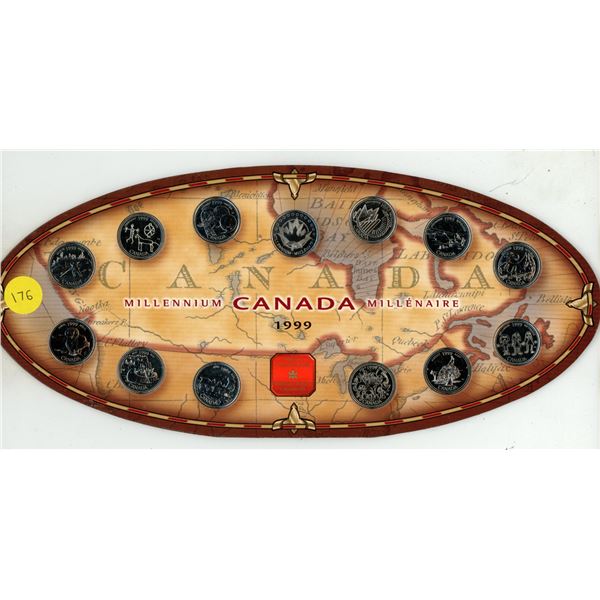 1999 Canadian Millennium 25 Cents Set. 12 different 25 Cents plus a Royal Canadian Mint medal. House