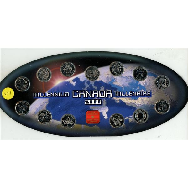 2000 Canadian Millennium 25 Cents Set. 12 different 25 Cents plus a Royal Canadian Mint Medal. House