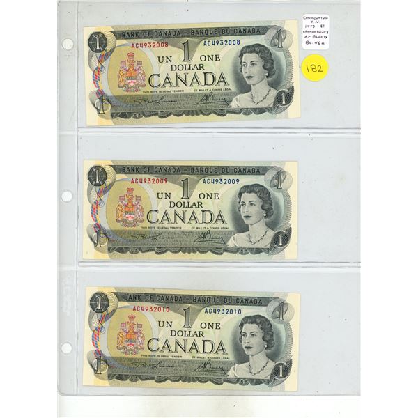 Set of 3 Consecutive Serial Number 1973 $1 notes. Lawson-Bouey signatures. AC 2-digit Prefix. BC-46a