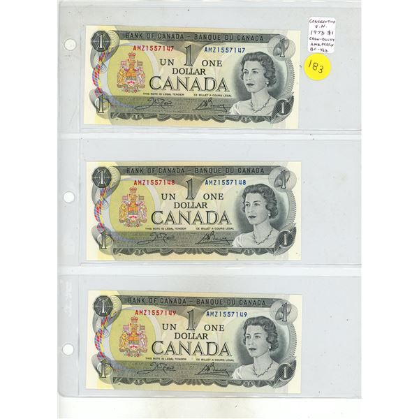 Set of 3 Consecutive Serial Number 1973 $1 notes. Crow-Bouey signatures. AMZ 3-digit Prefix. BC-46b.