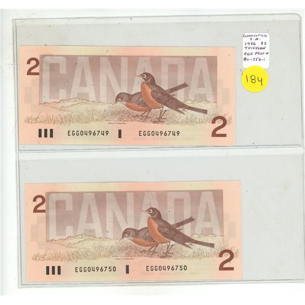 Set of 2 Consecutive Serial Number 1986 $2 notes. Thiessen-Crow signatures. EGG Prefix. BC-55b-i. Se