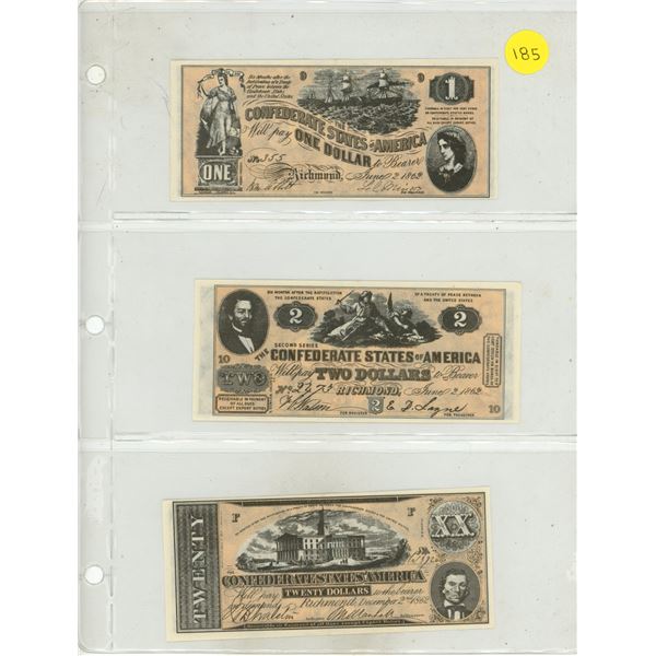 Set of 3 Counterfeit Confederate States of America notes. 1862 $1, 1862 $2 and 1862 $20. None of the