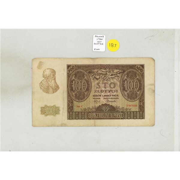 Poland. 1940 100 Zlotych. Fine.