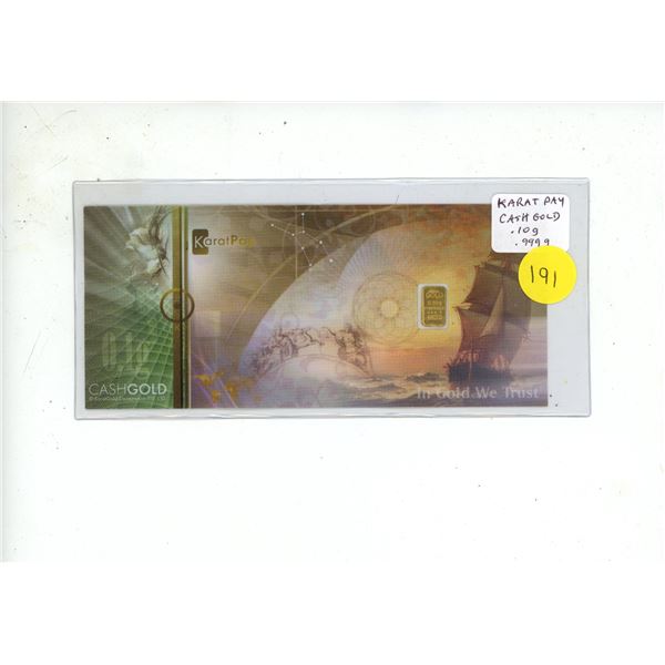 Karat Pay Cash Gold note. .10 gram .9999 pure Gold.