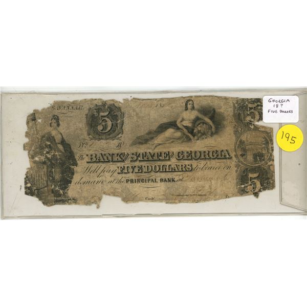 Bank of the State of Georgia 18__ $5. Missing pieces. Good. This is a real note.