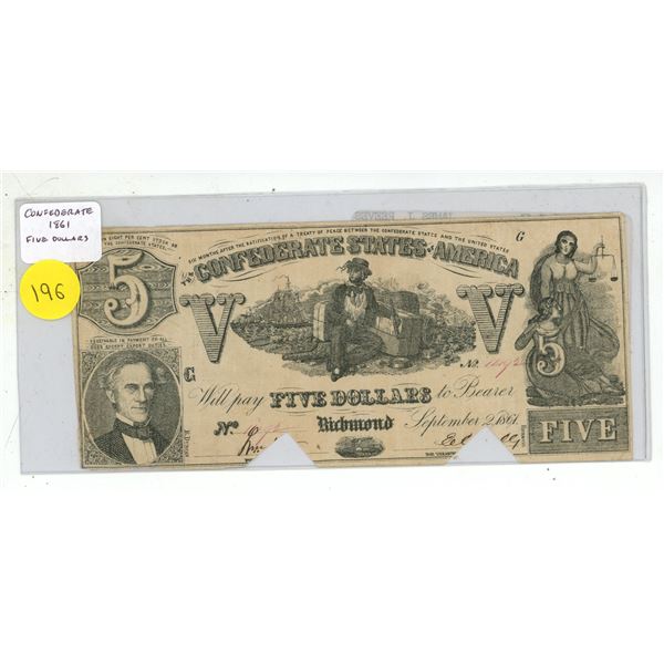 Confederate States of America 1861 $5 note. Fine or better with 2 pieces missing. This is a real not
