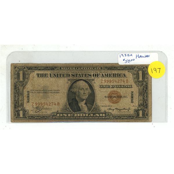 U.S. 1935A $1 Silver Certificate countermarked HAWAII on both sides. This note was issued in case th
