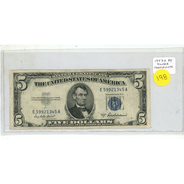 U.S. 1953A $5 Silver Certificate. Blue Seal. At one time, you could take this to U.S. bank and deman