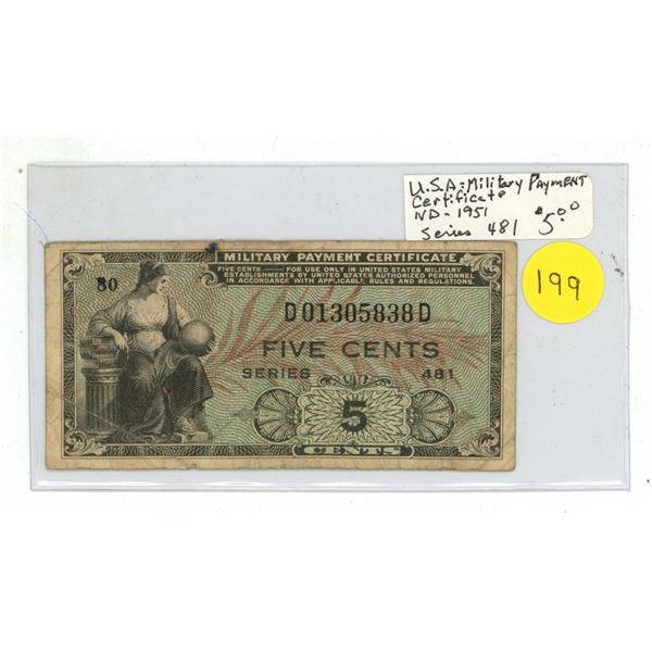 U.S. Military Payment Certificate. ND (1951) 5 Cents. Series 481. Used in American PXs around the wo