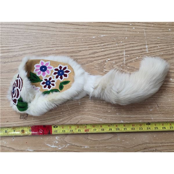 Beaded white fur hat with tail