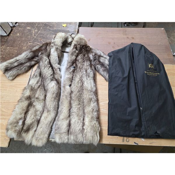 SF fur coat with dry bag- damage to left shoulder- 42"L