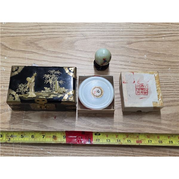 Stone egg with stand, jewelry box and red die/paint