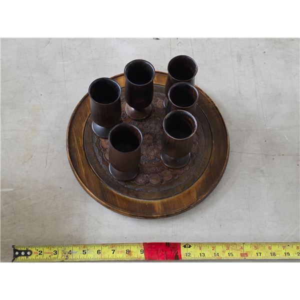 Wood serving plate and cups- 13"L