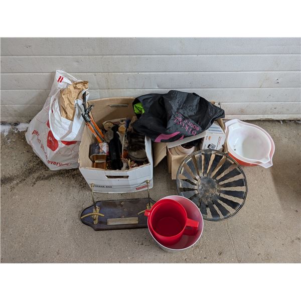 Lot of Misc. Items (Some Worn Pyrex, Tools, dolls, and Etc.)