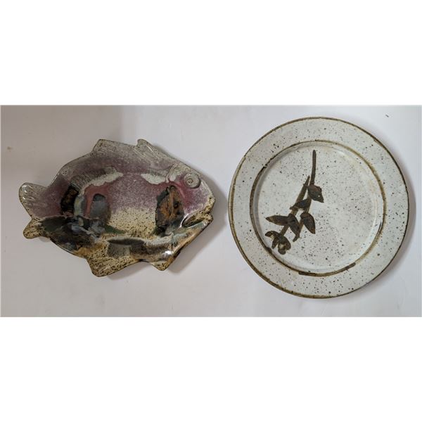 Vintage Stoneware Fish Craved Plate and round Stoneware Plate