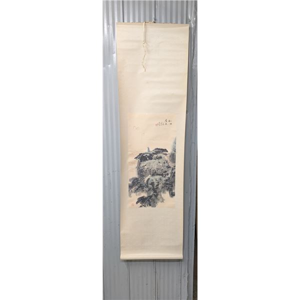 Vintage Asian Based Scroll w/ Traditional Ink Artwork  on Scroll 64"