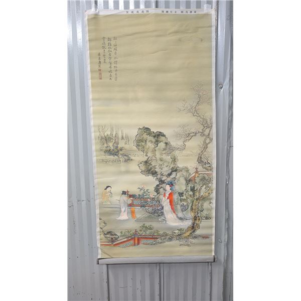 Asian Based Fabric Art Decor Scroll w/ traditional Art 36"