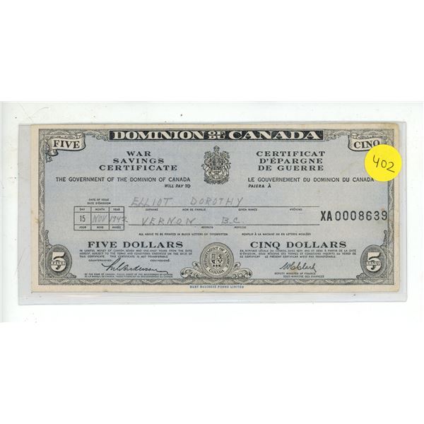 Dominion of Canada $5 War Savings Certificate. Purchased by Dorothy Elliot of Vernon BC in 1942. VF.