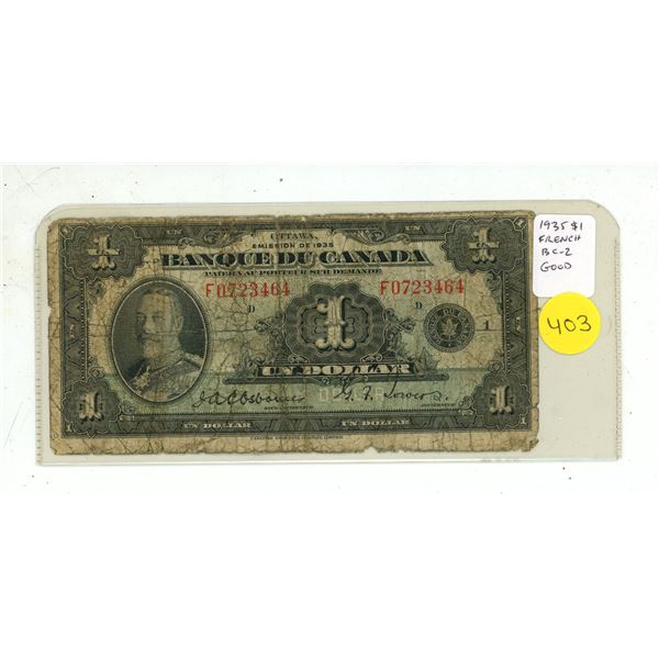 1935 $1 French.  Osborne-Towers signatures. F Prefix. BC-2. Good. Scarce French note.