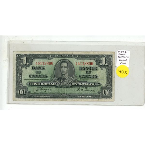 1937 $1. Coyne-Towers signatures. K/N Prefix. BC-21d. Fine12.