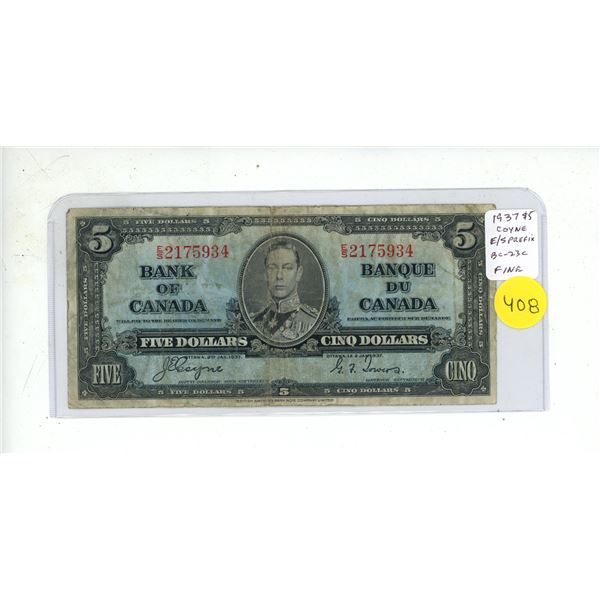 1937 $5. Coyne-Towers signatures. E/S Prefix. BC-23c. Fine12.