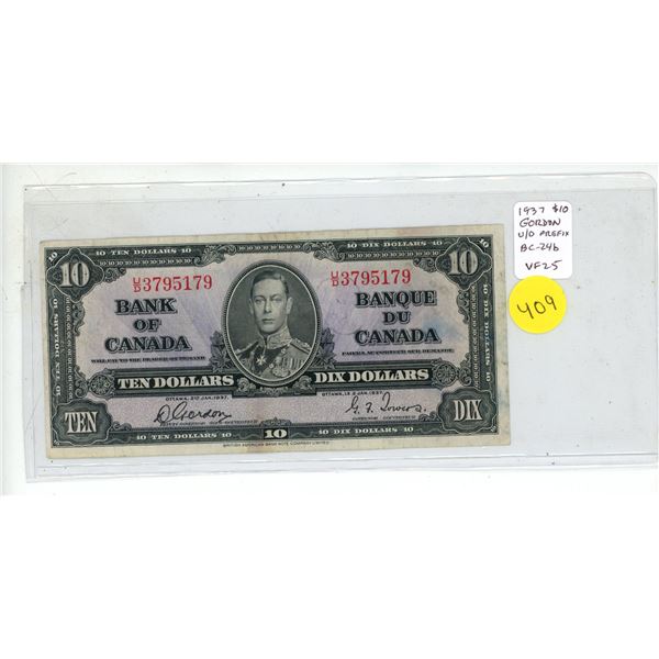 1937 $10. Gordon-Towers signatures. U/D Prefix. BC-24b. VF25.