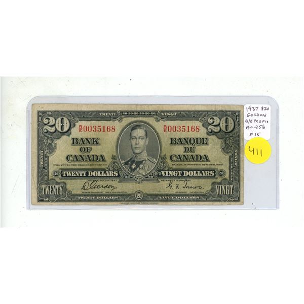 1937 $20 Gordon-Towers signatures. B/E Prefix. BC-25b. F15.