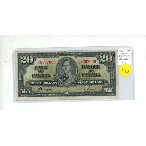 1937 $20. Coyne-Towers signatures. J/E Prefix. BC-25c. F15.