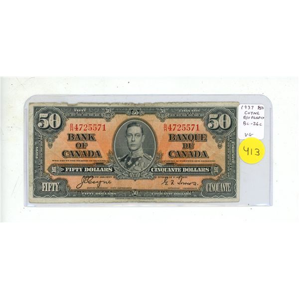 1937 $50. Coyne-Towers signatures. B/H Prefix. BC-26c. VG8.