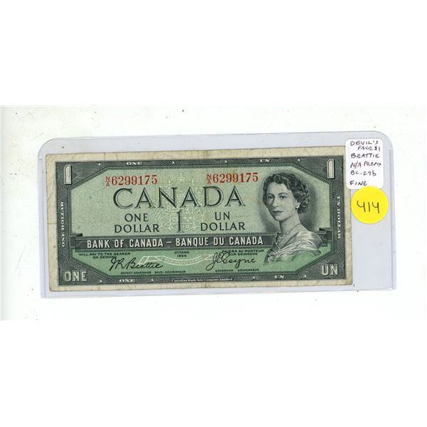 1954 Devil’s Face $1 note. Beattie-Coyne signatures. N/A Prefix. BC-29b. Fine12.