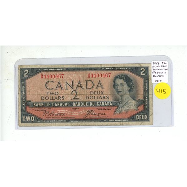 1954 Devil’s Face $2 note. Beattie-Coyne signatures. G/B Prefix. BC-30b. VG10.
