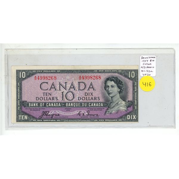 1954 Devil’s Face $10 note. Coyne-Towers signatures. A/D Prefix. BC-32a. VF20.