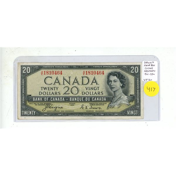 1954 Devil’s Face $20 note. Coyne-Towers signatures. A/E Prefix. BC-33a. VF20.