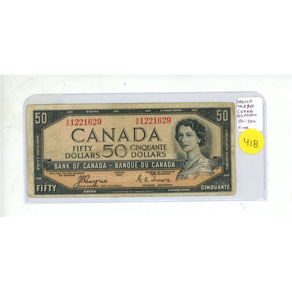 1954 Devil’s Face $50 note. Coyne-Towers signatures. A/H Prefix. BC-34a. Fine12.