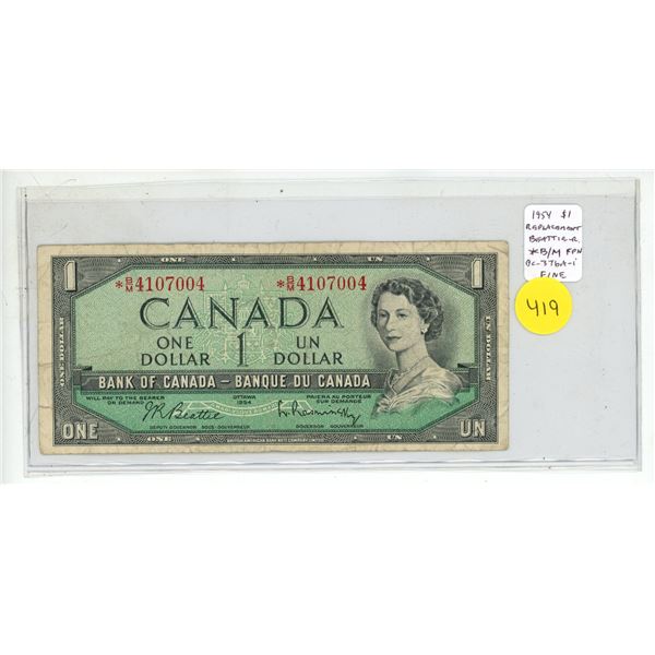 1954 $1 Replacement note. Modified Portrait. *B/M Replacement Prefix. BC-37aA-i. Fine12.