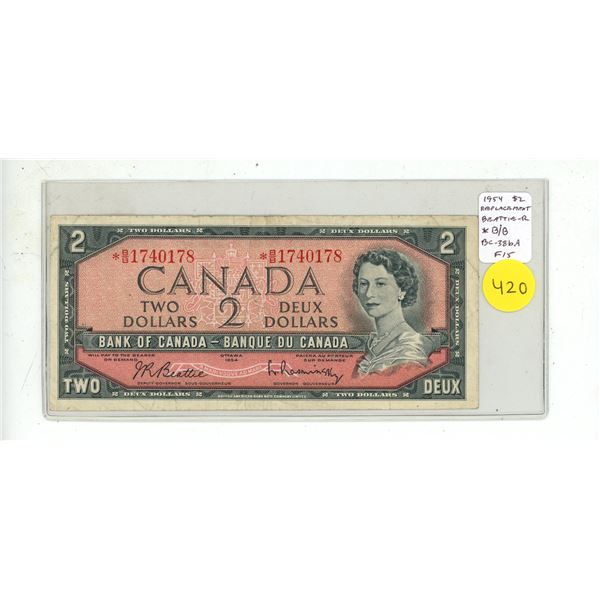 1954 $2 Replacement note. Modified Portrait. *B/B Replacement Prefix. BC-38bA. Fine15.
