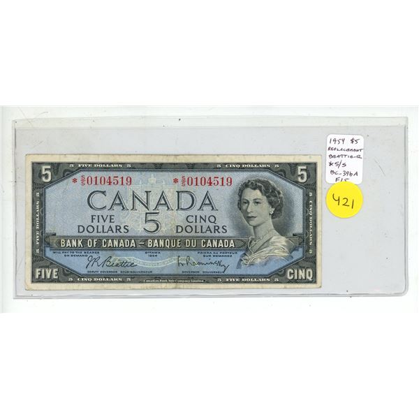 1954 $5 Replacement note. Modified Portrait. *S/S Replacement Prefix. BC-39bA. F15.