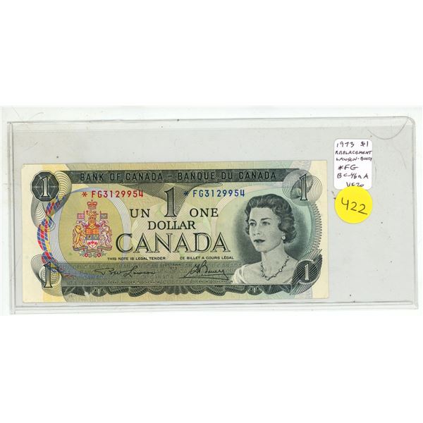1973 $1 Replacement note. Lawson-Bouey signatures. *FG Replacement Prefix. BC46aA. VF20.