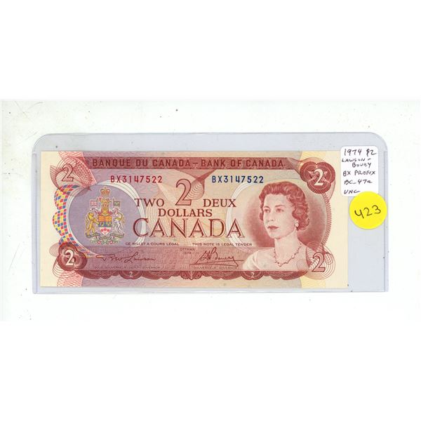 1974 $2 Replacement note. Lawson-Bouey signatures. BX Replacement Prefix. BC-47a. Uncirculated.