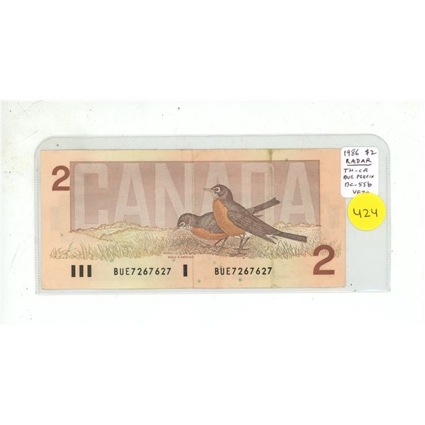 1986 $2 RADAR. Thiessen-Crow signatures. BUE Prefix. RADAR Serial Number 7267627. BC-58b-i. VF20. Sc