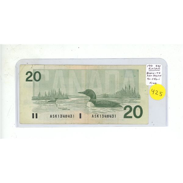 1991 $20 RADAR. Bonin-Thiessen signatures. ASK Prefix. RADAR Serial Number 1348431. BC58b-i. Fine12.