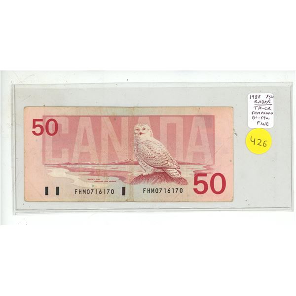 1988 $50 RADAR. Thiessen-Crow signatures. FHM Prefix. RADAR Serial Number 0716170. BC-59a. Fine-12. 