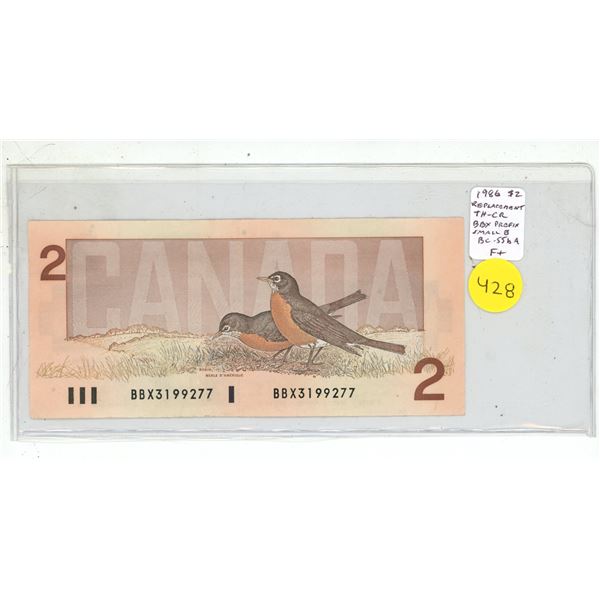 1986 $2 Replacement note. Thiessen-Crow signatures. BBX Replacement Prefix with Small B. BC-55bA. Fi