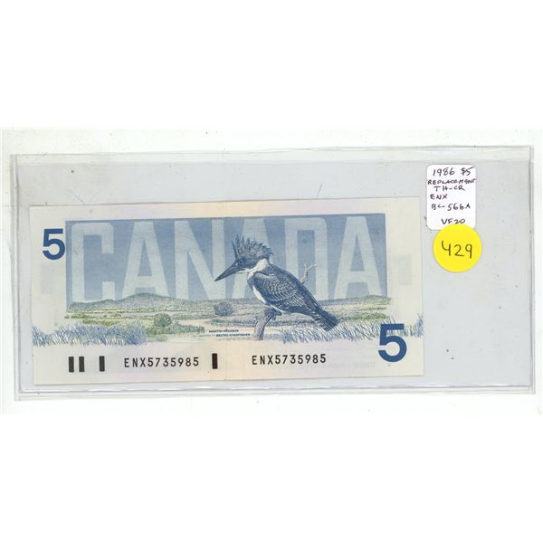 1986 $5 Replacement note. Thiessen-Crow signatures. ENX Replacement Prefix. BC-56bA. VF20.