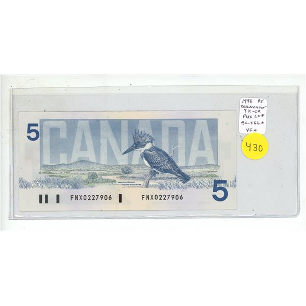 1986 $5 Replacement note. Thiessen-Crow signatures. FNX Replacement Prefix with Large F. BC-56bA. VF