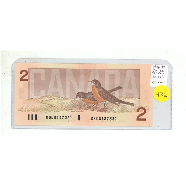 1986 $2. Thiessen-Crow signatures. CBD Prefix. BC-55b. Choice Uncirculated.